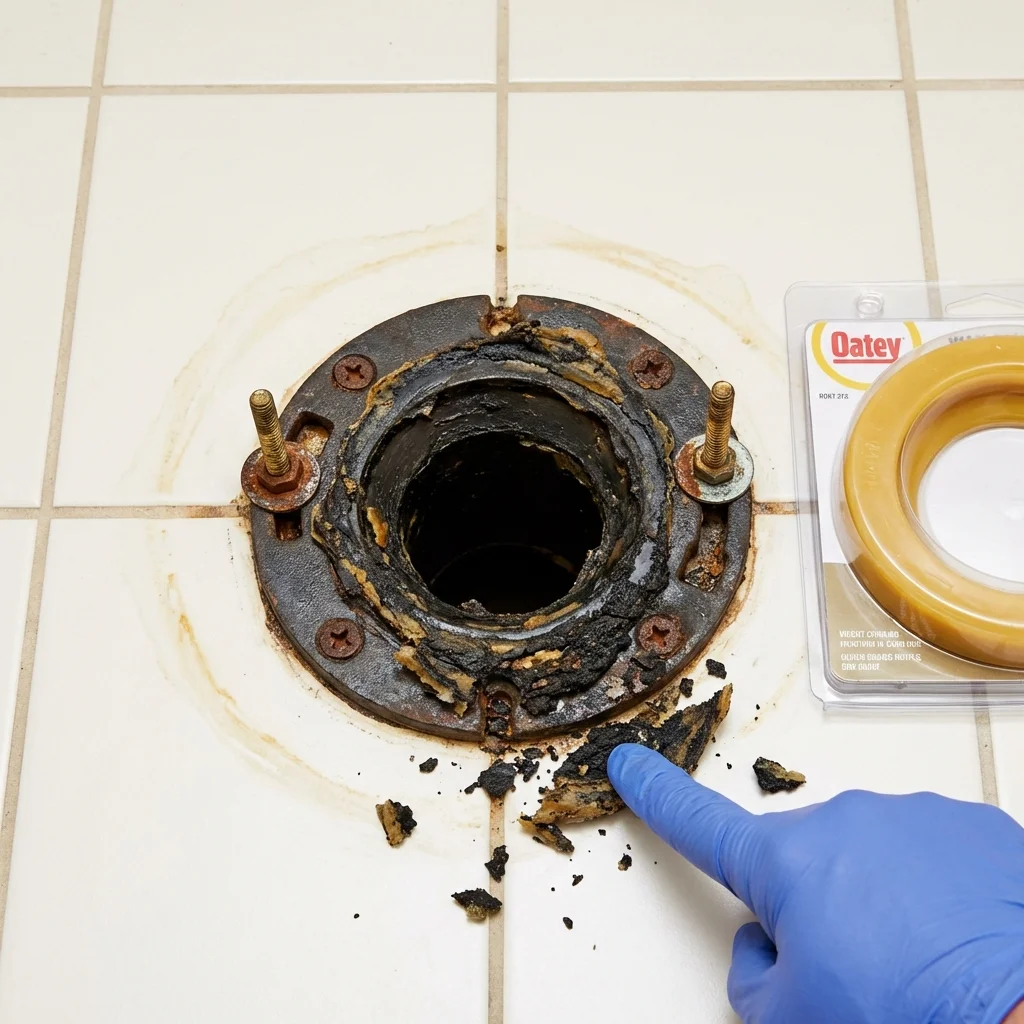 Failed wax ring showing water seepage at the base of a toilet in a Fayetteville, GA home
