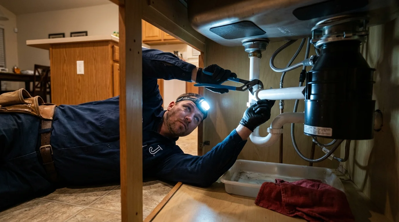 P-trap and supply line connections under a kitchen sink showing a common leak point in Fayetteville, GA
